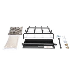Complete fireplace burner kit including a steel grate, burner pan, gas connection components, and decorative media. Designed for easy installation and efficient operation in indoor gas fireplaces