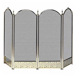 Four-panel brass fireplace screen featuring a decorative design and arched tops, providing both safety and elegance to indoor fireplaces. Ideal for adding a touch of classic style to living spaces
