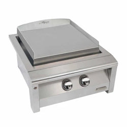 Stainless steel outdoor griddle with dual controls, perfect for grilling and cooking a variety of foods on a flat surface for even heat distribution and precision temperature control