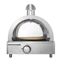 Stainless steel outdoor pizza oven with temperature control knob and chimney, designed for efficient cooking and even heat distribution, perfect for baking pizzas in an outdoor kitchen setup