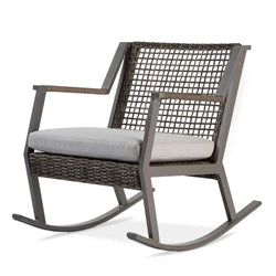 A modern outdoor rocking chair with a sleek metal frame and a woven wicker backrest. The chair features a gray cushioned seat for added comfort, blending contemporary design with traditional rocking functionality. Ideal for relaxing on a porch or patio