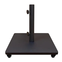 Square black umbrella base with adjustable pole holder and wheels for easy mobility, designed to securely anchor patio umbrellas