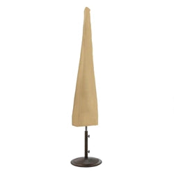 Beige patio umbrella cover protecting a closed outdoor umbrella, standing on a round metal base