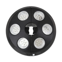 Black circular umbrella light with six LED lamps, designed to clip around umbrella poles for outdoor evening lighting.