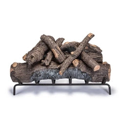 Vented gas logs arranged on a black metal grate, designed to simulate the appearance of real wood in gas fireplaces. Ideal for creating a traditional, cozy atmosphere in indoor fireplaces