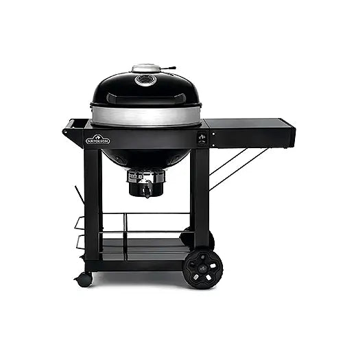 A black modern charcoal burning BBQ grill on a travel cart is displayed on a white background