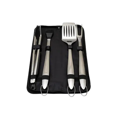 A steel set of durable grill utensils and accessories in a foldable travel bag open and displayed on a white background