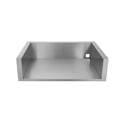 A stainless steel BBQ grill jacket for built-in BBQ grills for outdoor kitchens is presented on a white background