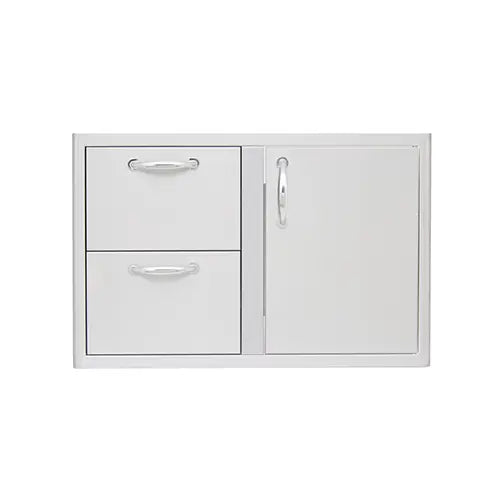 A set of stainless steel Fire Magic branded built-in BBQ grill doors and drawers for outdoor kitchensare displayed on a white background