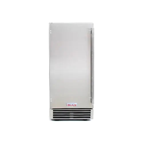 A stainless steel outdoor kitchen built-in BBQ ice maker designed for the outside elements is presented on a white background