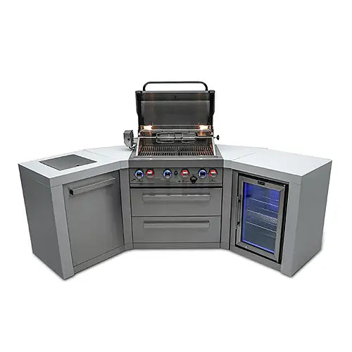 a stunning modern stainless steel and gray counter outdoor kitchen island complete with back-lit refridgerator and trash recepticle and stainless steel gas BBQ grill with louvered drawers are displayed on a white background