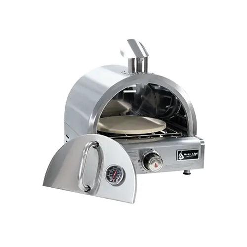 A stainless steel Mont Alpi branded portable BBQ grill pizza oven for outdoor kitchens is presented on a white background