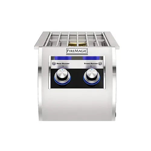 A stainless steel Fire Magic branded built-in BBQ grill side burner for outdoor kitchens is presented on a white background