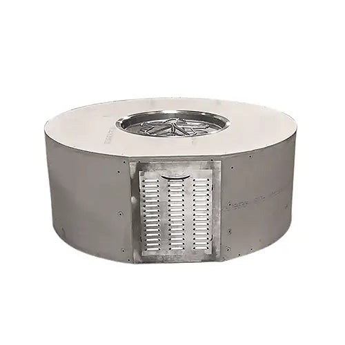 the basic housing for a gas fire pit without any outer layers is on display on a white background
