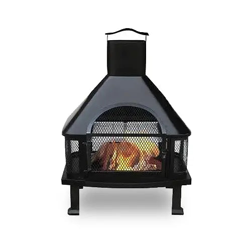 a black steel wood burning chiminea is on display on a white background