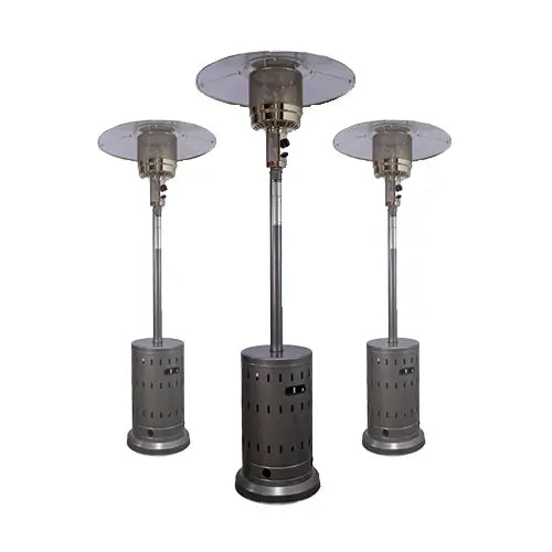 A group of stainless steel standing patio heaters are grouped together for a white background photo.