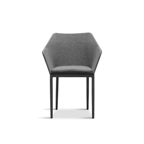 A gray modern dining chair is on display on a white background
