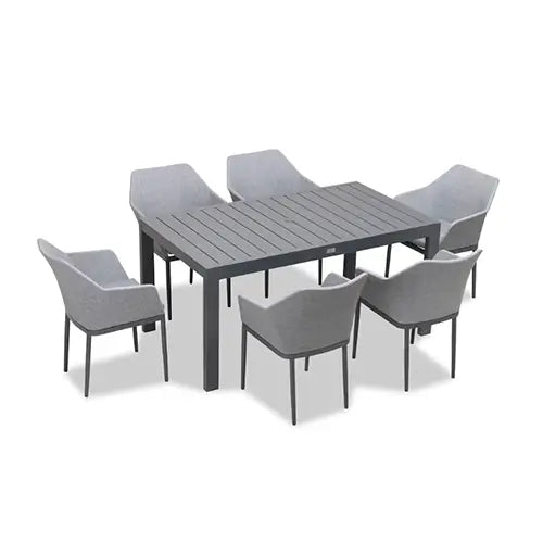 A gray modern dining patio set is on display on a white background