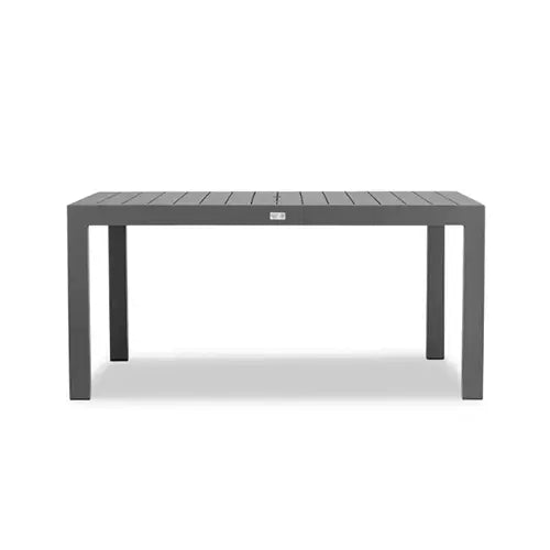 A gray modern dining table is on display on a white background