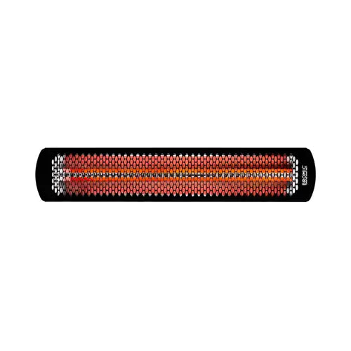 An IR Energy black steel wall mounted heater is ignited and on full display on a white background in a closeup up photo
