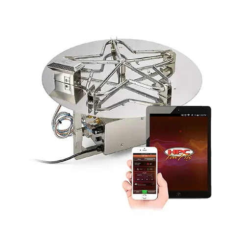 an electronic fire pit ignition system is being ignited by remote control through an app on a phone and tablet on a white background