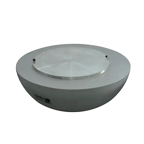 a gray concrete fire pit is covered with a stainless steel fire pit lid cover on a white background