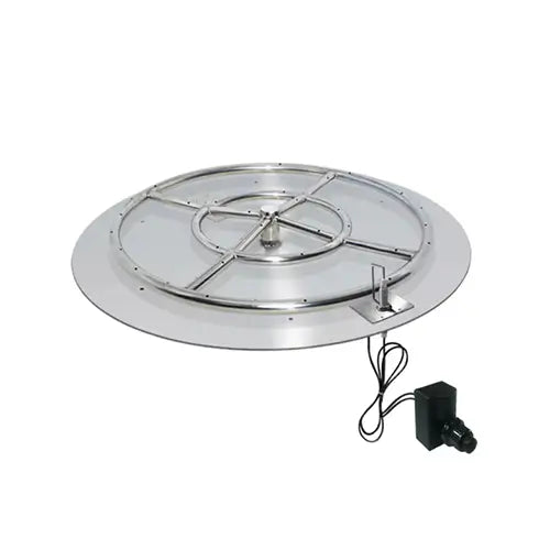 the full setup for a fire pit burner kit is on full display and equipped with burner, pan, and igntion setup on a white background