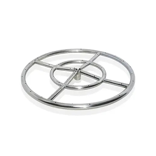 A stainless steel fire pit ring is on display by itself on a white background