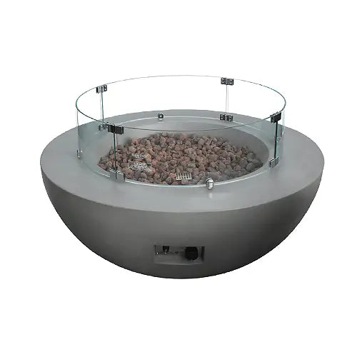 a concrete fire pit wind guard covers the center of a fire pit on a white background