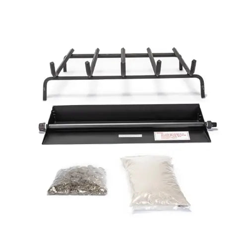 a black stainles steel fireplace burner kit is ready to be installed on a white background
