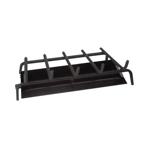 a black stainles steel fireplace burner and grate are ready to be installed on a white background
