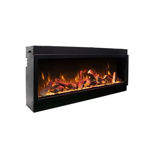 an electric fireplace insert is tilted to a side angle to reveal the depth of the fireplace and showcase the stunning gas log burning effect inside