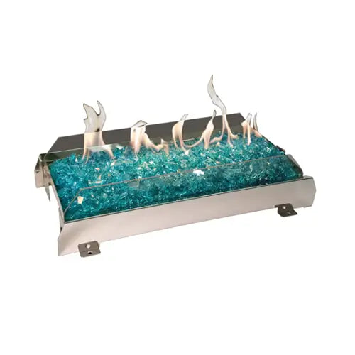 a silver stainles steel fireplace burner resevior filled wiht fire glass is ready to be installed on a white background