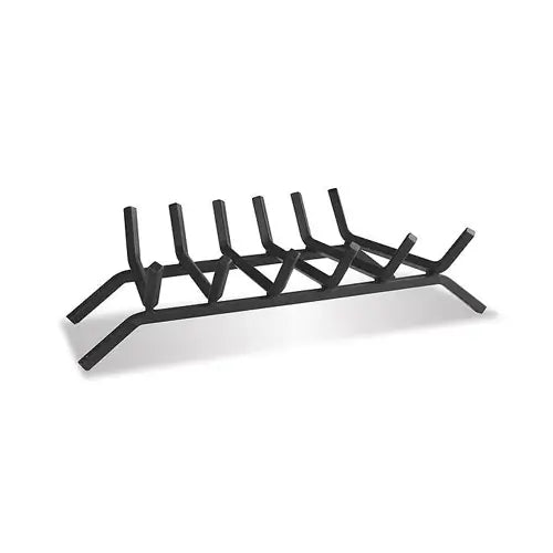 a black stainles steel fireplace grate is ready to be installed on a white background