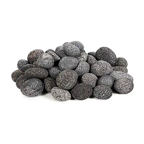 a pile of rounded lava rock is ready to be place in a fireplace on a white background