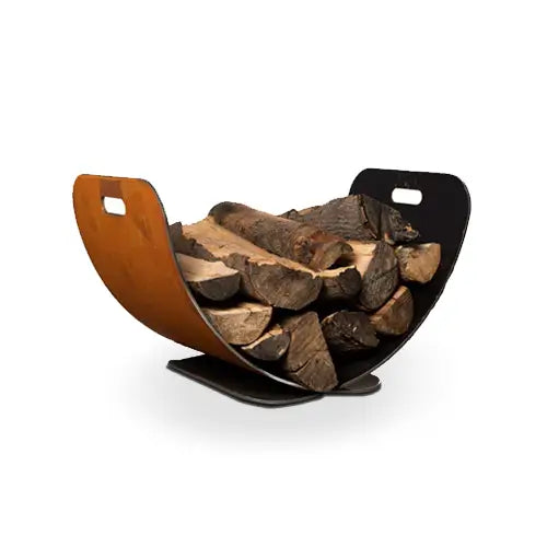 a corten wood log holder is carying several giant logs that are dry and ready to burn in a fireplace.