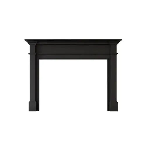 A black modern fireplace surround mantel is displayed on a white background