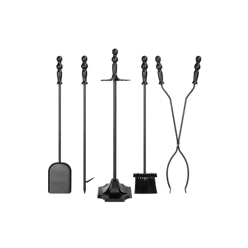 fireplace tools are seperated and laid out to display on a white background