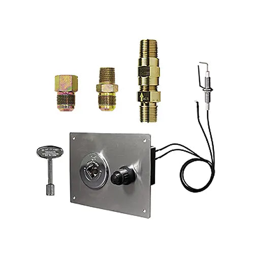 several fire pit fittings and parts are on display on a white background including a propane air mixer and push button ignition system