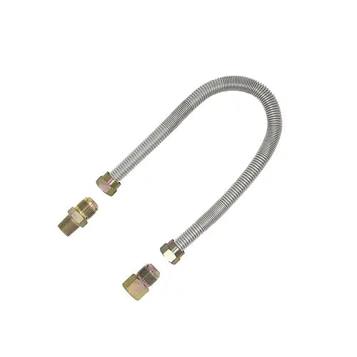 a stainless steel gas flex line with copper fittings is on display on a white background