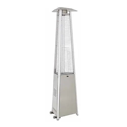 a tall silver plated patio heater stands up ready to be used on a white background