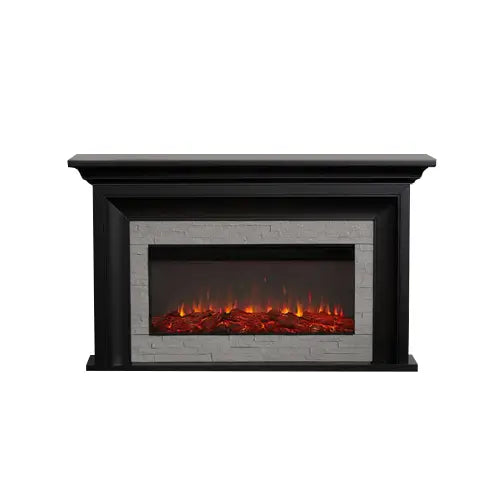 A freestanding brown electric fireplace stands ignited on a white background
