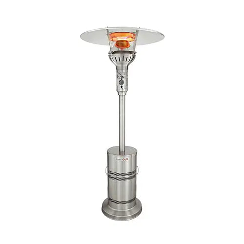 An IR Energy stainless steel standing heater is ignited and on full display on a white background
