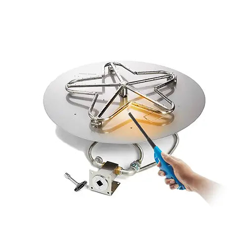 an ignition system for a fire pit is being ignited by a long neck gas lighter on a white background