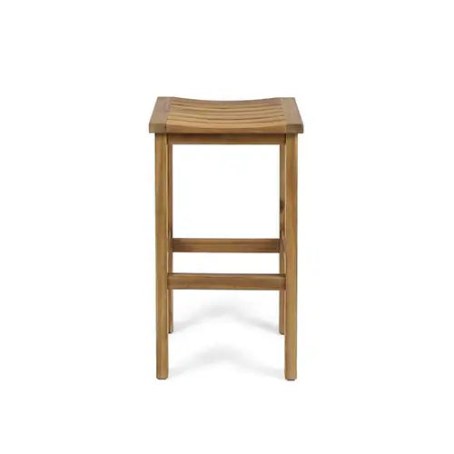 A wooden bar stool with four legs stands up ready to be used on a white background
