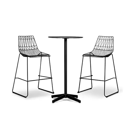 A stylish black modern bistro bar patio set is ready to be used on a white background