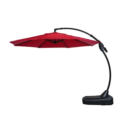 a red farbic cantilever umbrella overhangs a white background