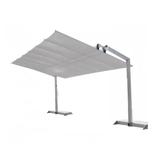 a large commercial patio umbrella in a rectangle shape with white fabric stands over a white background