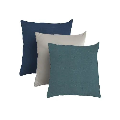 several durable and mold resisitant patio pillows are on display in multiple colors on a white background
