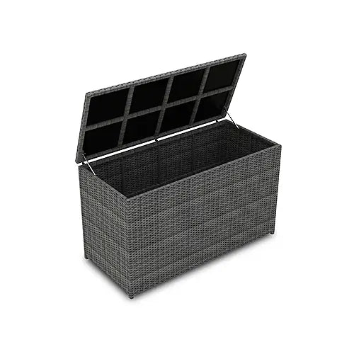 a large wicker storage patio bin container is open with it's lid and displayed on a white background
